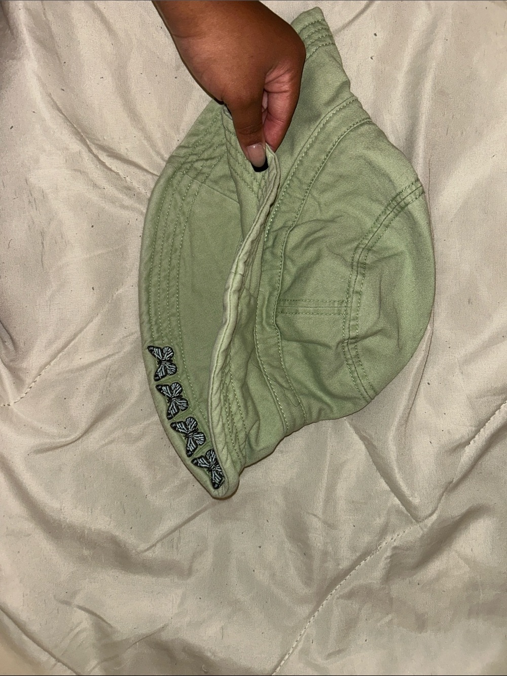 Kids Light Green Bucket Hat with Butterfly Trim